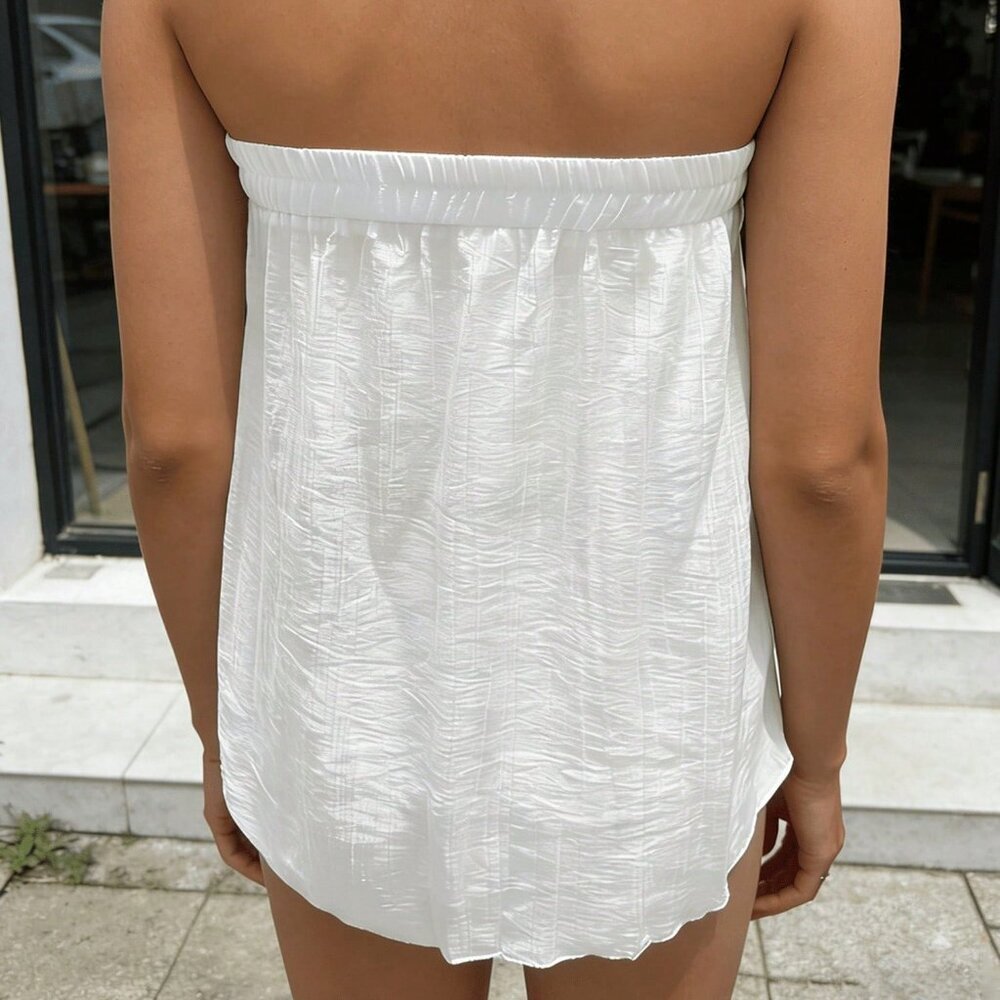 White Casual Women's Chiffon Sheer Tube Tops Petal Hem Bandeau Cropped Tanks - Picture 2 of 2